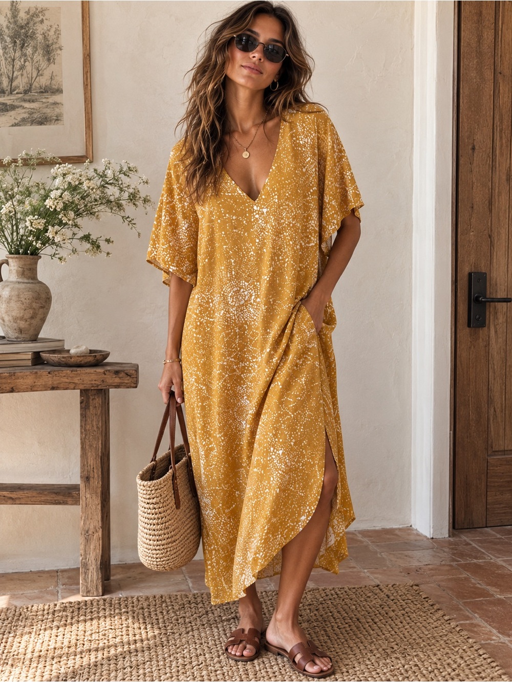 H&M Mustard Yellow V-Neck Maxi Swim Cover-Up Dress